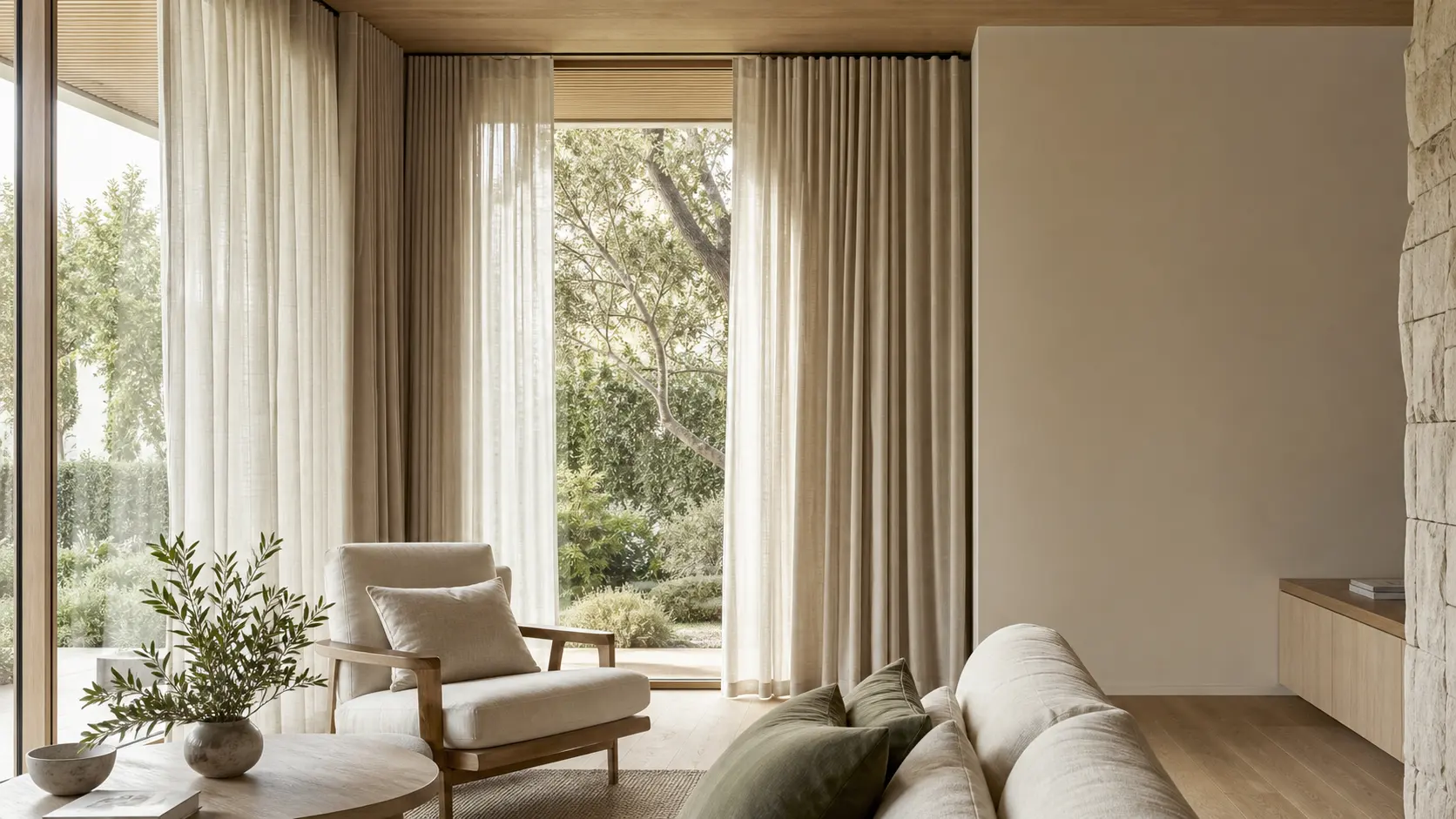 Warm living room with full-height sheer curtains