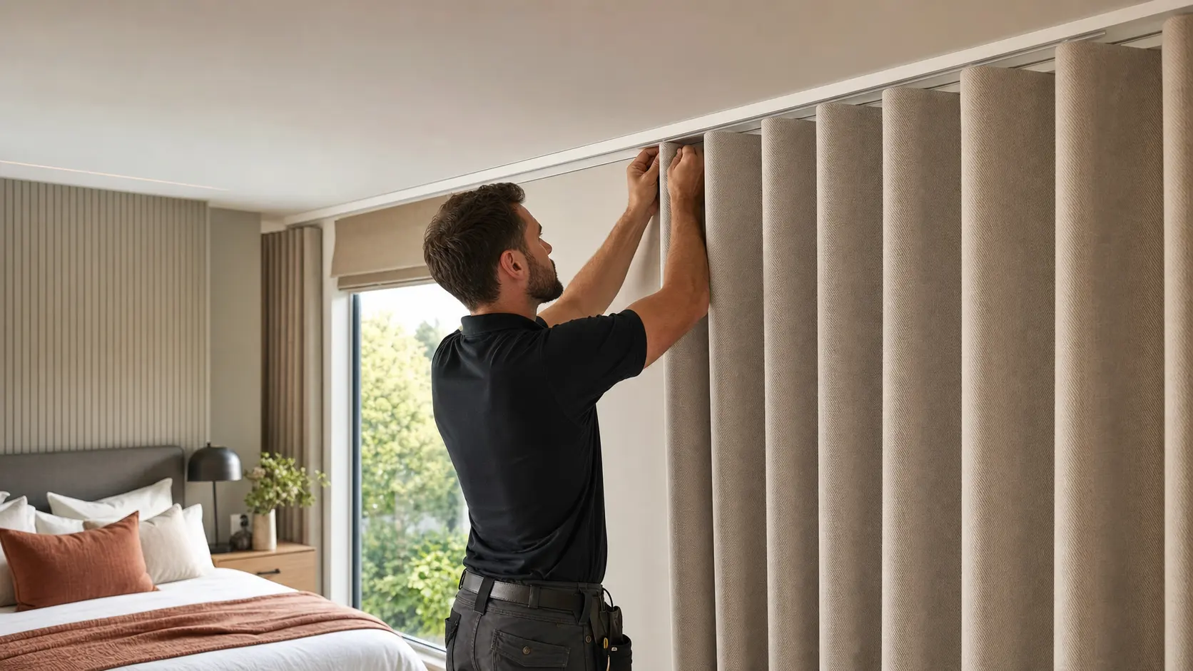 Installer fitting a ceiling-mounted curtain track in a bedroom