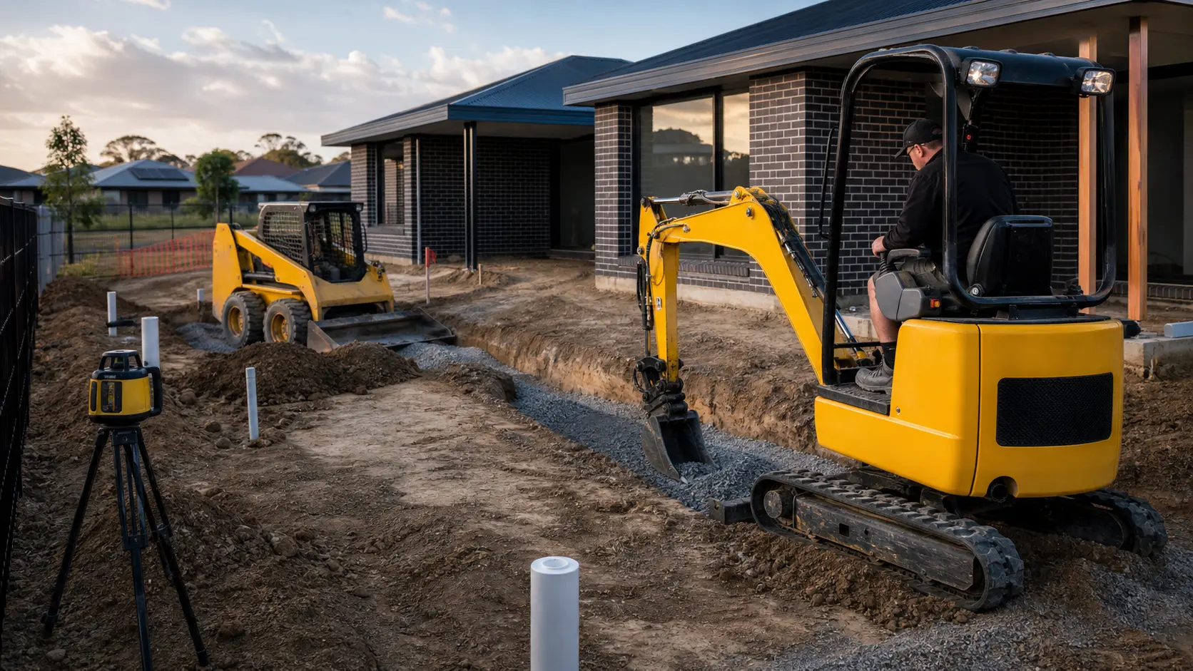 Compact excavator preparing a drainage trench beside a house